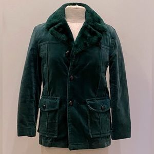 Vintage Put On Shop Youth Green Corduroy Jacket w Faux Fur Collar & Lining /S